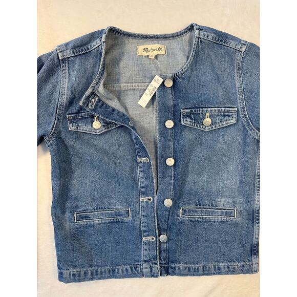 Madewell Denim Crop Jacket Band Collar Blue Jean Chambray Top XS NEW - Picture 6 of 11
